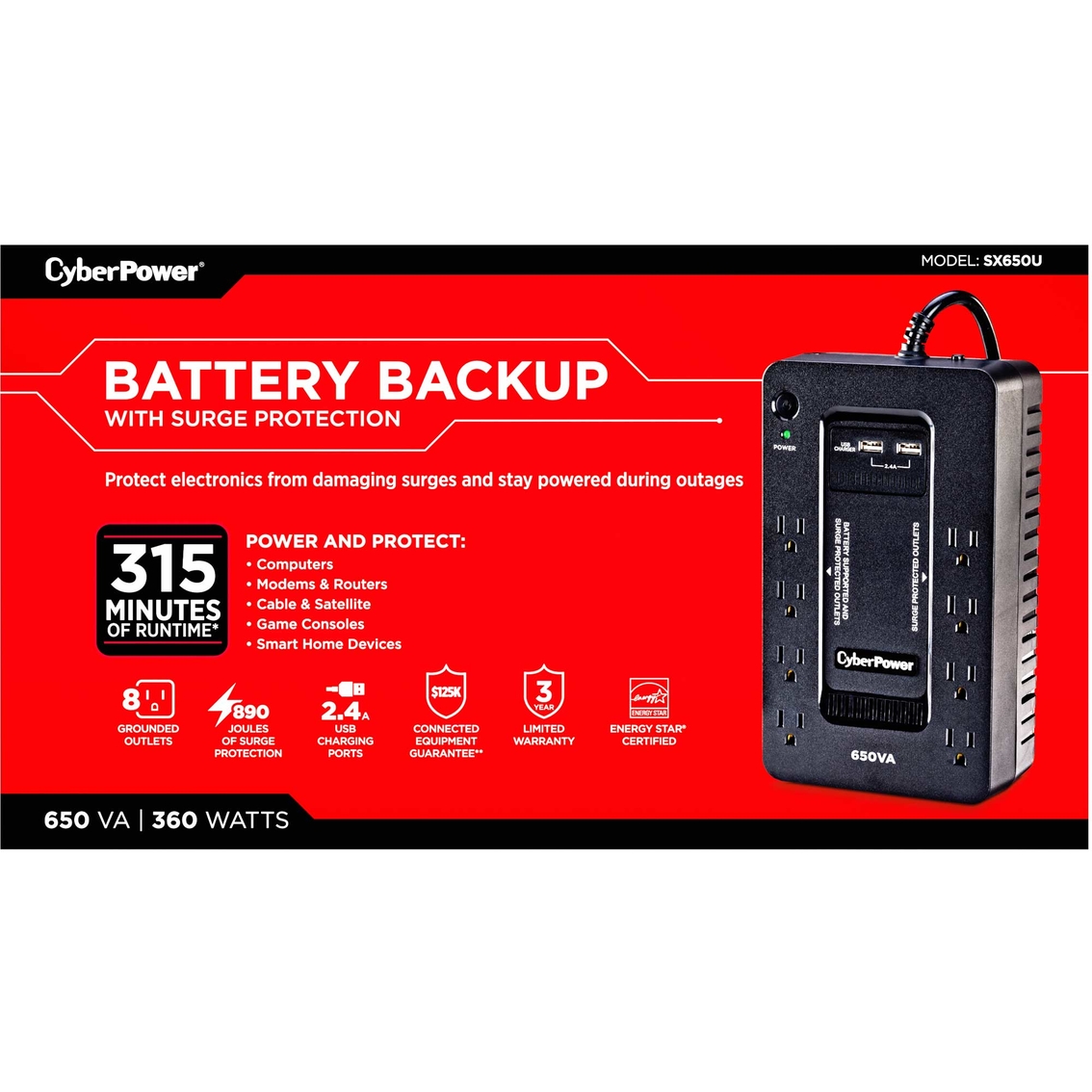 CyberPower 650VA UPS System with 8 Outlets and 2 USB Charging Ports - Image 2 of 7