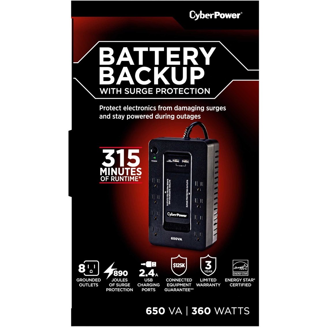 CyberPower 650VA UPS System with 8 Outlets and 2 USB Charging Ports - Image 4 of 7
