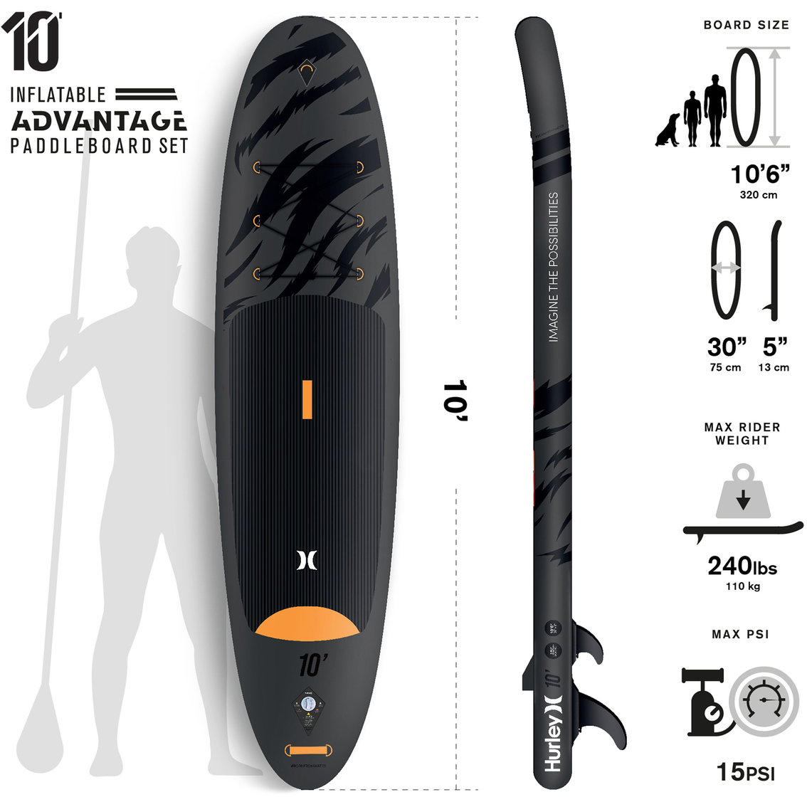 Hurley Advantage 10 ft. Stand Up Paddle Board with Hikeable Backpack - Image 3 of 7