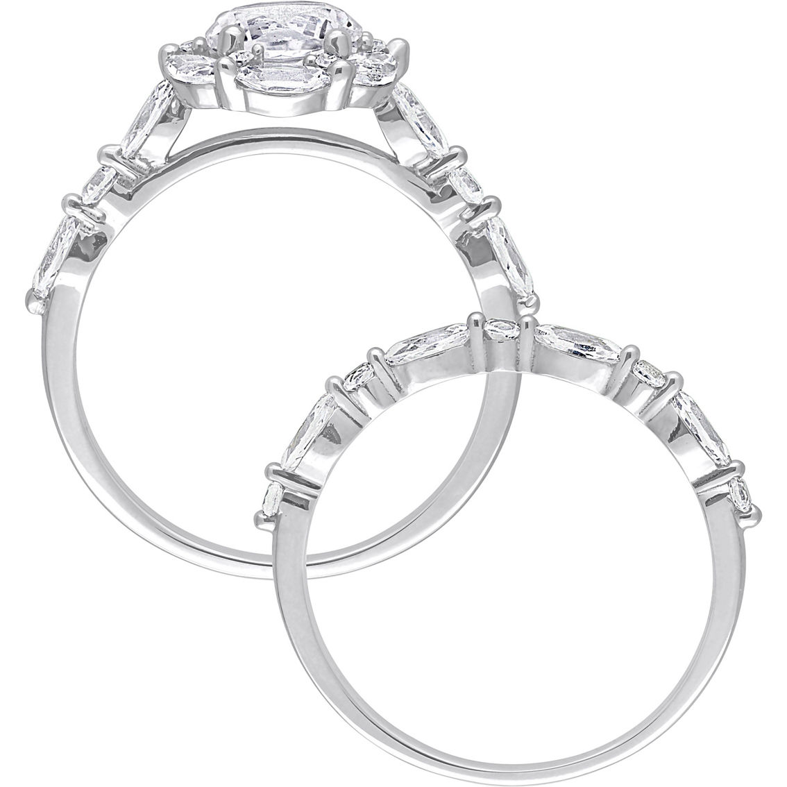 10K White Gold Created White Sapphire and Diamond Halo Floral Bridal Ring Set - Image 3 of 6