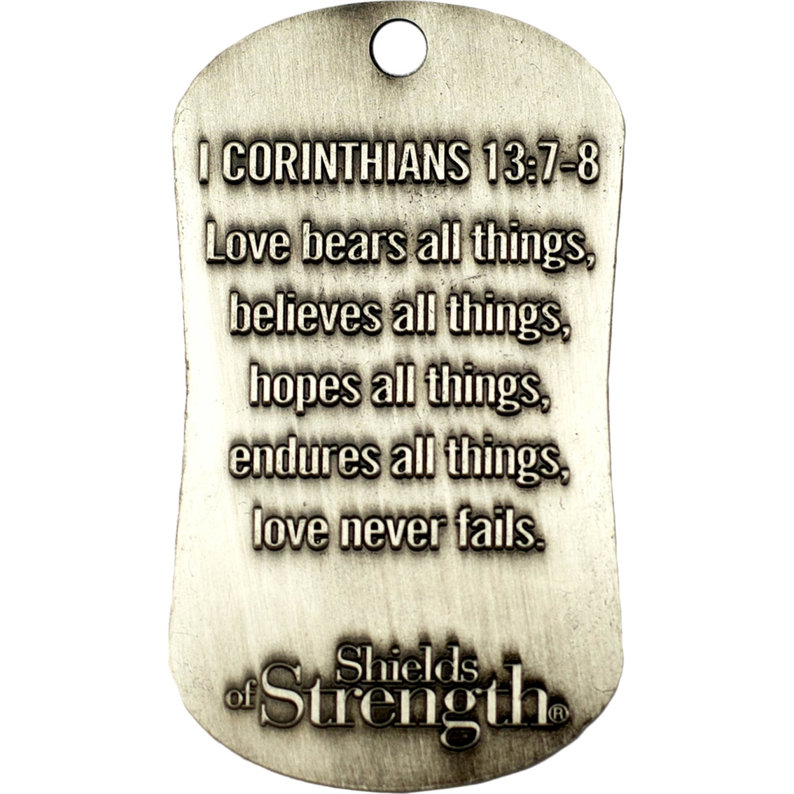 Shields of Strength Military Mom Antique Dog Tag Necklace, 1 Corinthians 13:7-8 - Image 2 of 2