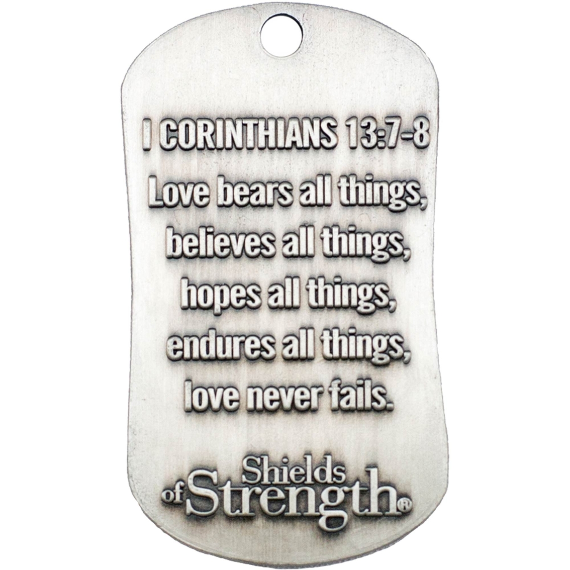 Shields of Strength Army Wife Antique Finish Dog Tag Necklace, 1 Corinthians 13:7-8 - Image 2 of 2