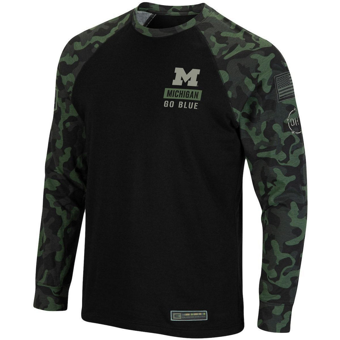 Colosseum Men's Black Michigan Wolverines OHT Military Appreciation Camo Raglan Long Sleeve T-Shirt - Image 3 of 4