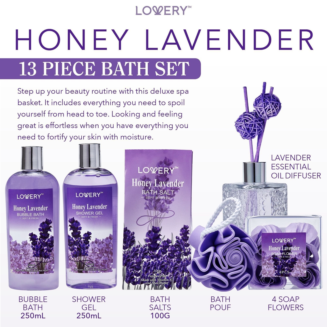 Lovery Bath And Body Gift - Honey Lavender Scent - Essential Oil Diffuser - 13pc - Image 2 of 5