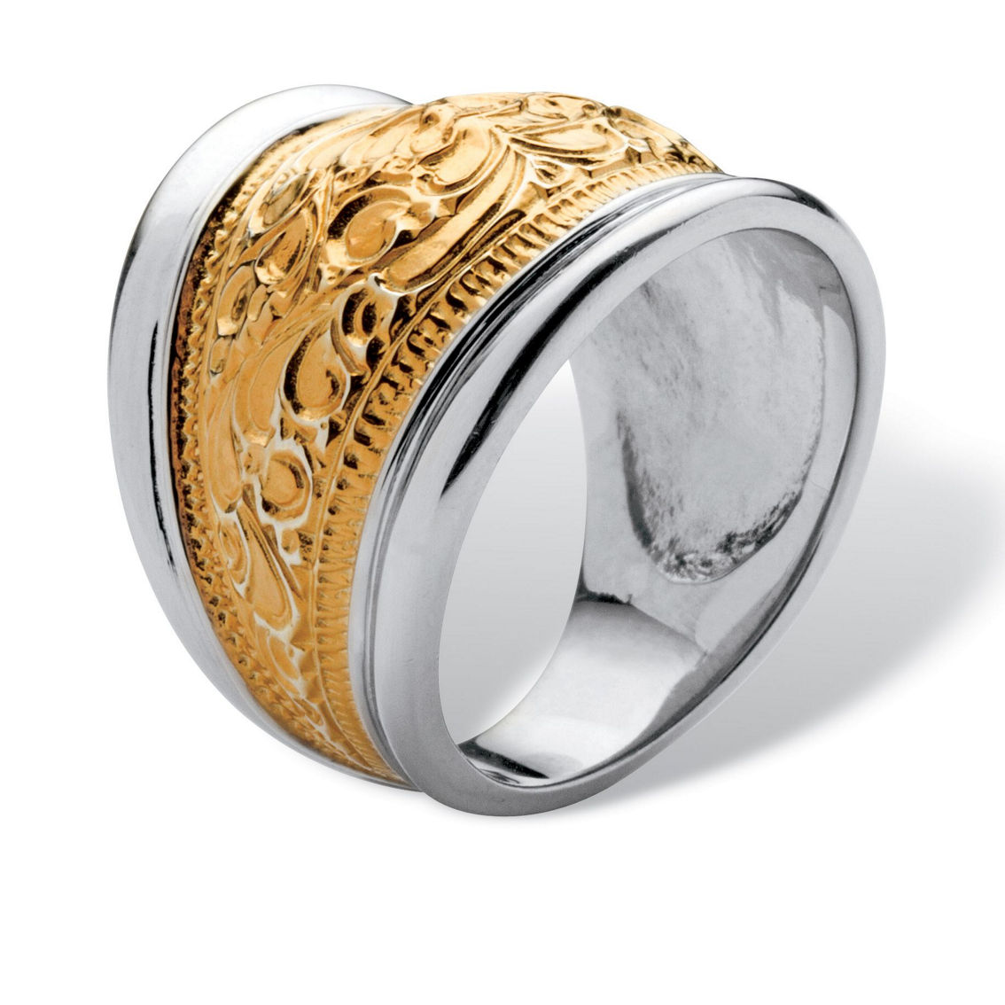 Yellow Gold-Plated Sterling Silver Two-Tone Scroll Motif Cigar Band Ring - Image 2 of 5