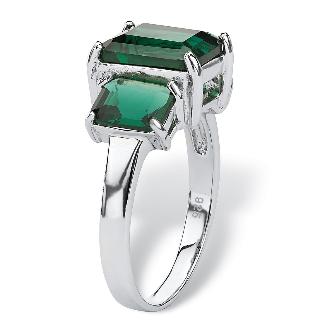 Emerald-Cut Simulated Green Emerald 3-Stone Ring in Sterling Silver - Image 2 of 5