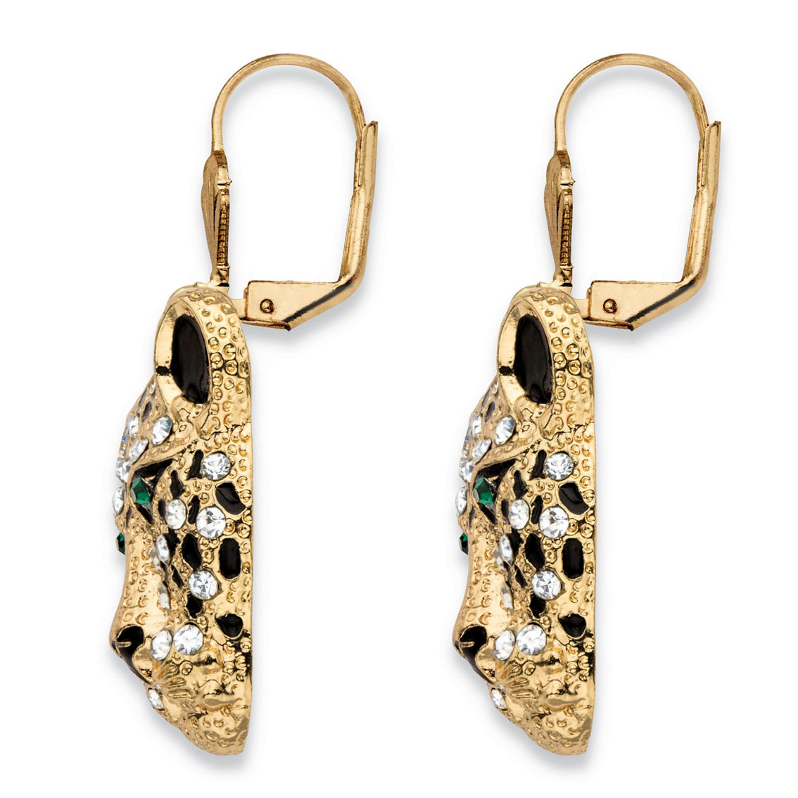 White Crystal Leopard Face Drop Earrings with Green Crystal Accents in Goldtone - Image 2 of 4