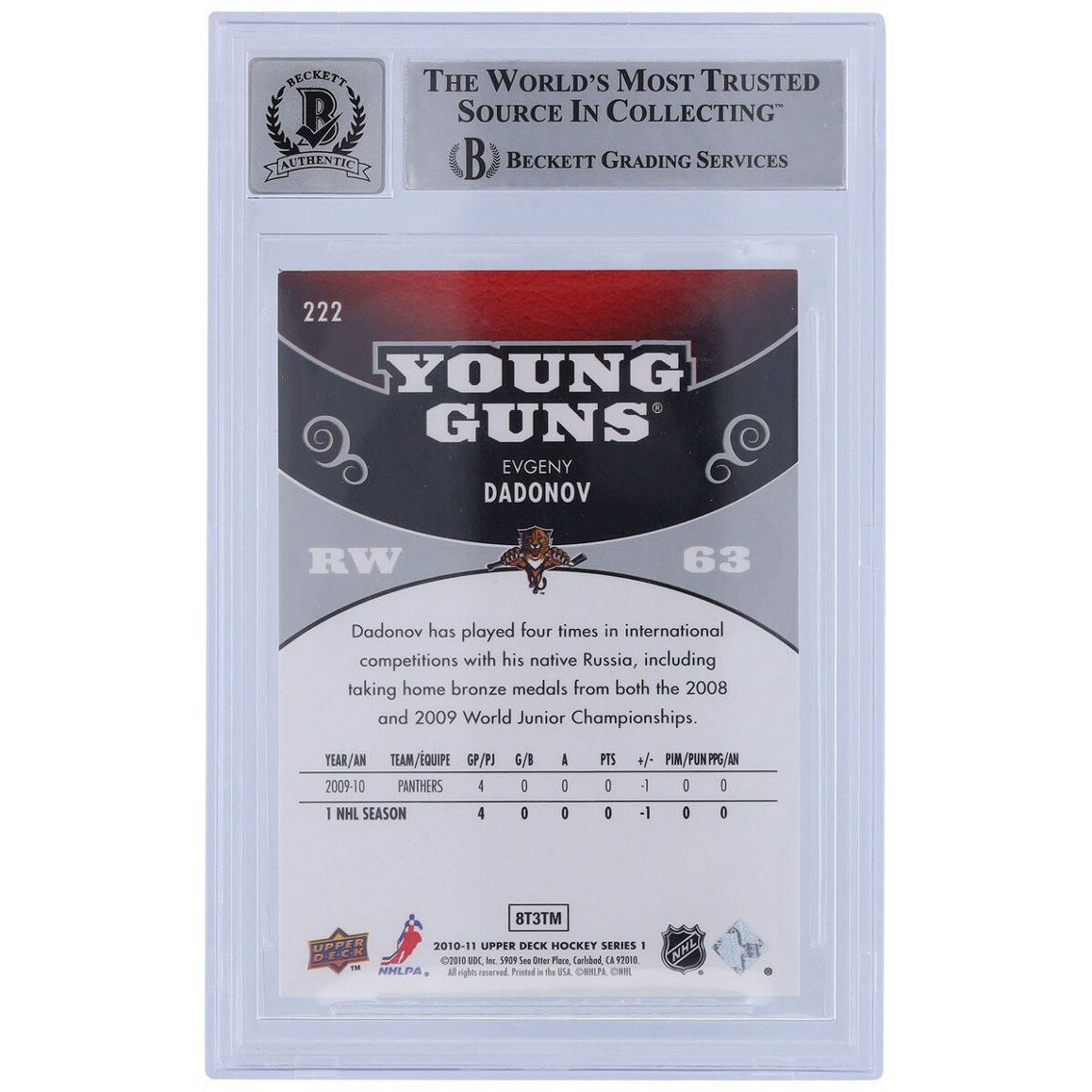 Upper Deck Evgenii Dadonov Florida Panthers Autographed 2010-11 Upper Deck Young Guns #222 Beckett Fanatics Witnessed Authenticated 10 Rookie Card - Image 3 of 3