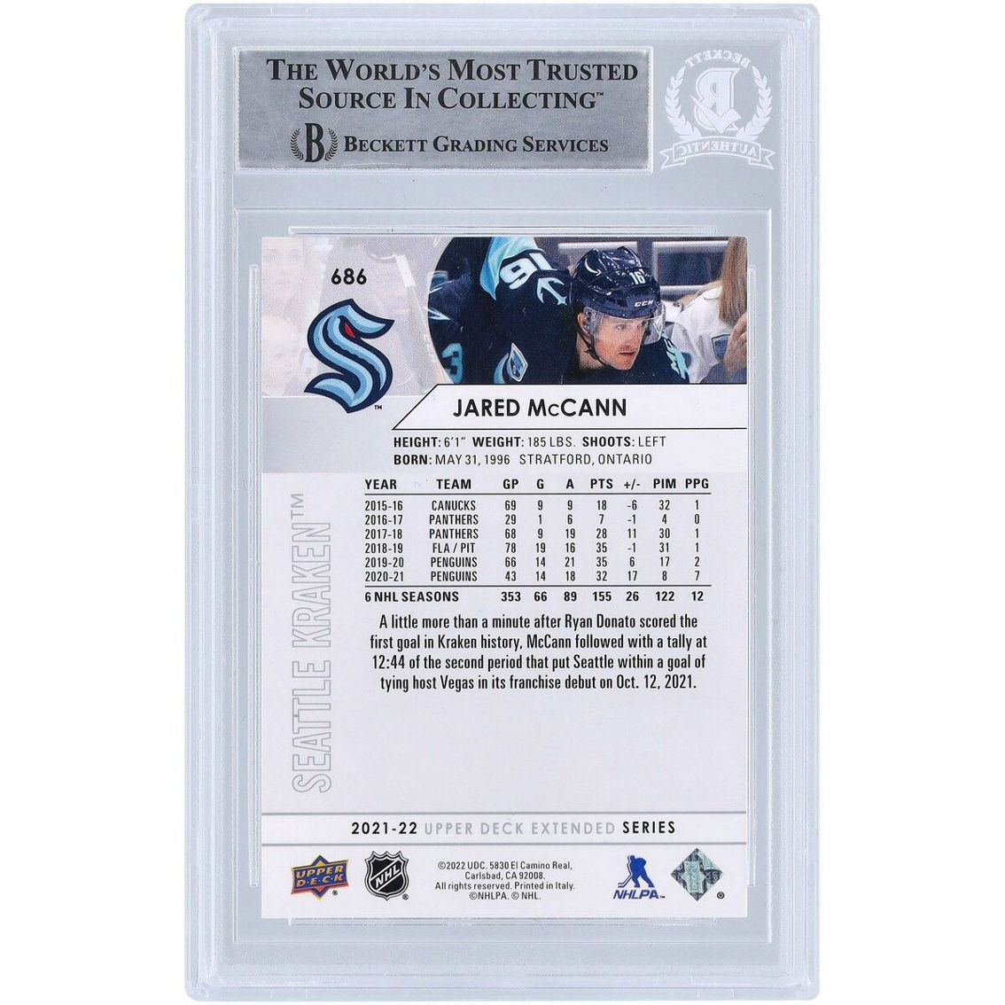 Upper Deck Jared McCann Seattle Kraken Autographed 2021-22 Upper Deck Extended Series #686 Beckett Fanatics Witnessed Authenticated Card - Image 3 of 3