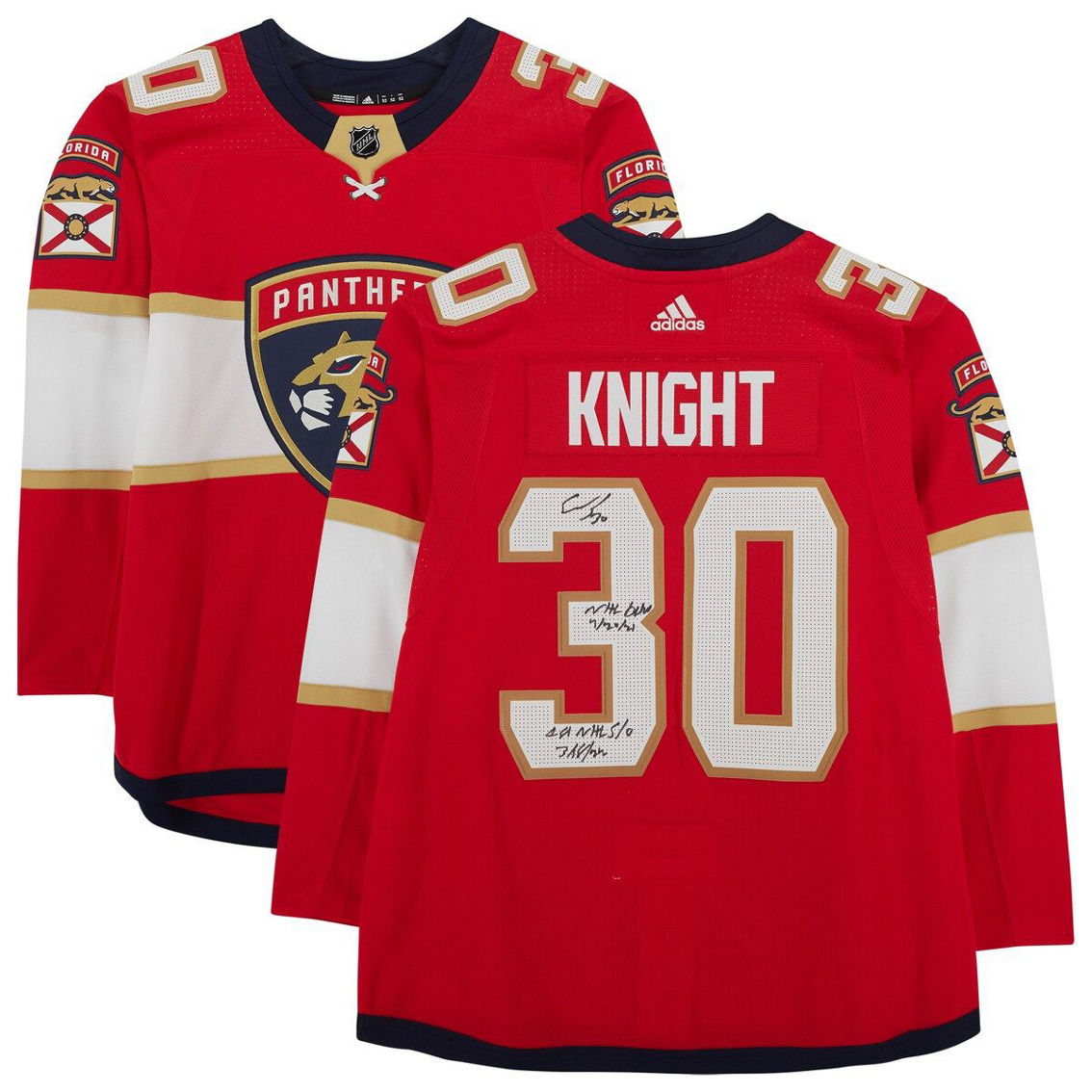 Fanatics Authentic Spencer Knight Florida Panthers Autographed Red Adidas Authentic Jersey with Multiple Inscriptions - Image 2 of 4