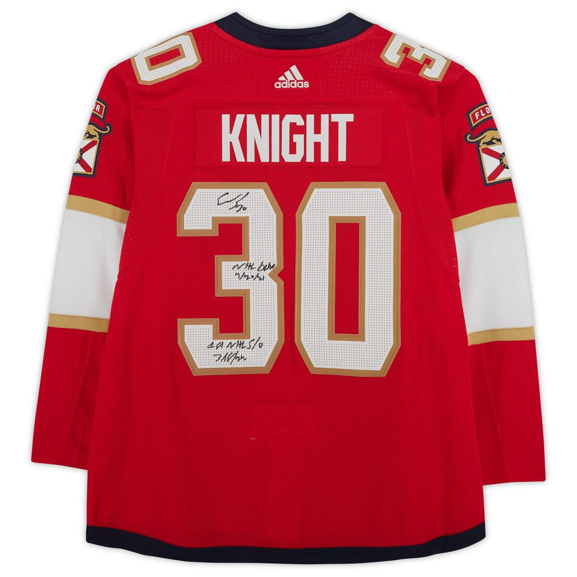 Fanatics Authentic Spencer Knight Florida Panthers Autographed Red Adidas Authentic Jersey with Multiple Inscriptions - Image 3 of 4