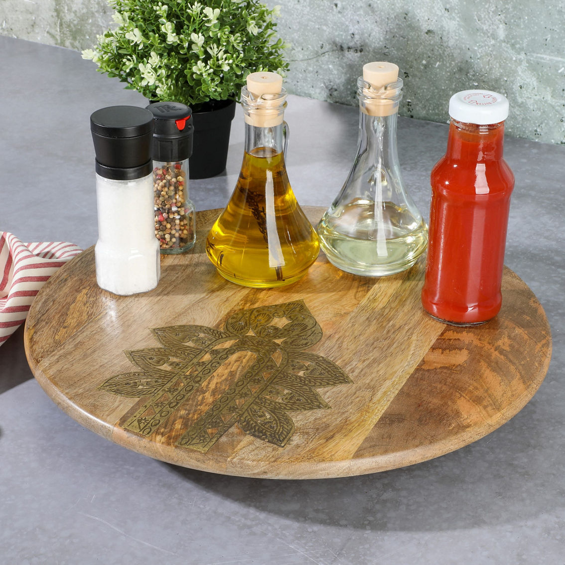 Cravings By Chrissy Teigen 16 Inch Round Mango Wood Lazy Susan with Metal Inlay - Image 4 of 4