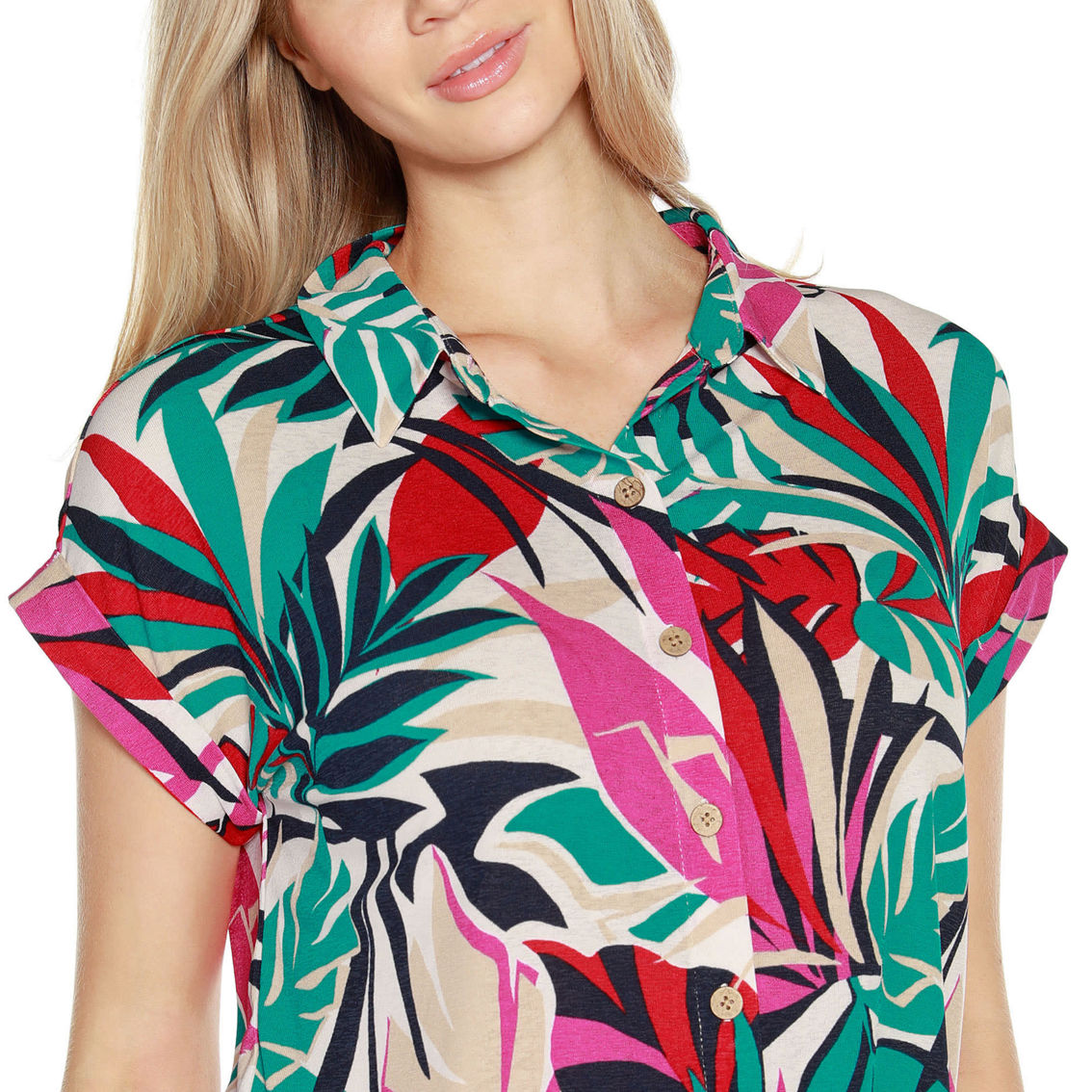 Belldini Printed Collared Button-Front Printed Floral Top - Image 4 of 5