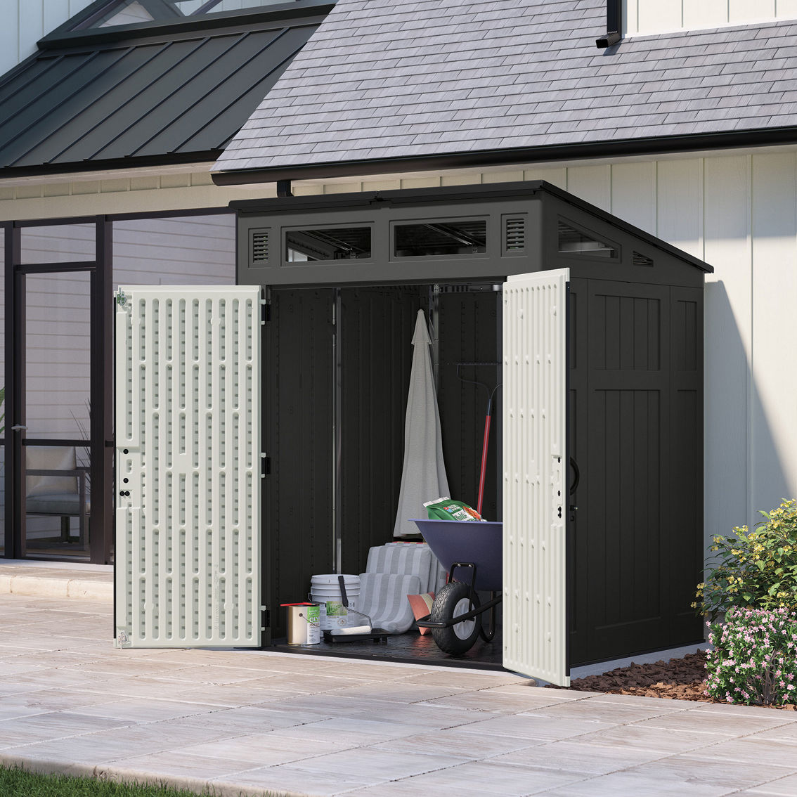 Suncast Modernist 6 ft. x 5 ft. Peppercorn Walls and Passive Doors Storage Shed - Image 2 of 4