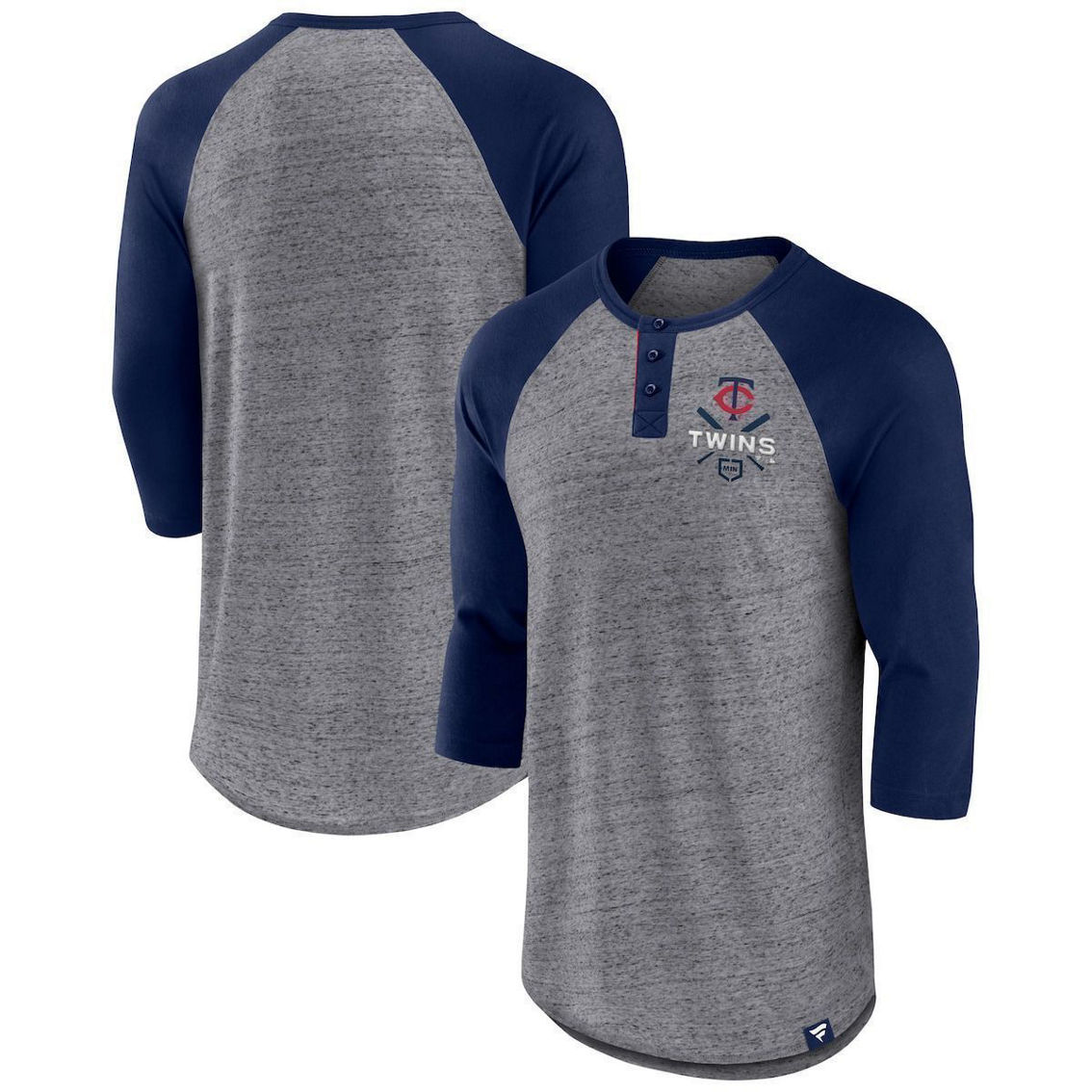 Fanatics Branded Men's Heathered Gray/Navy Minnesota Twins Iconic Above Heat Speckled Raglan Henley 3/4 Sleeve T-Shirt - Image 2 of 4