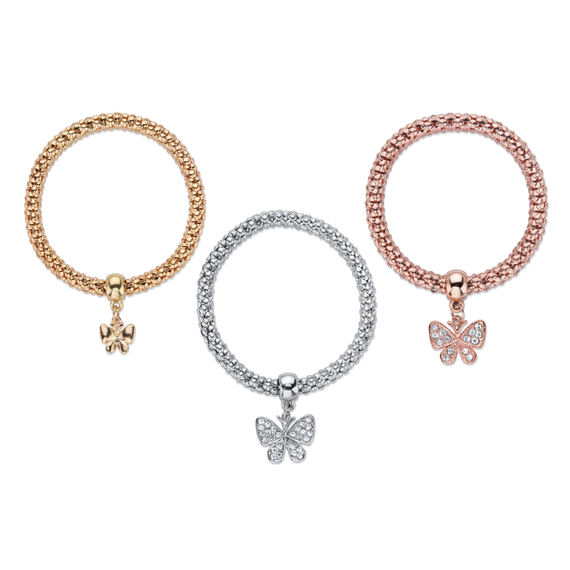 PalmBeach Crystal Butterfly Rosetone Goldtone and Silvertone Stretch Bracelet Set - Image 2 of 4
