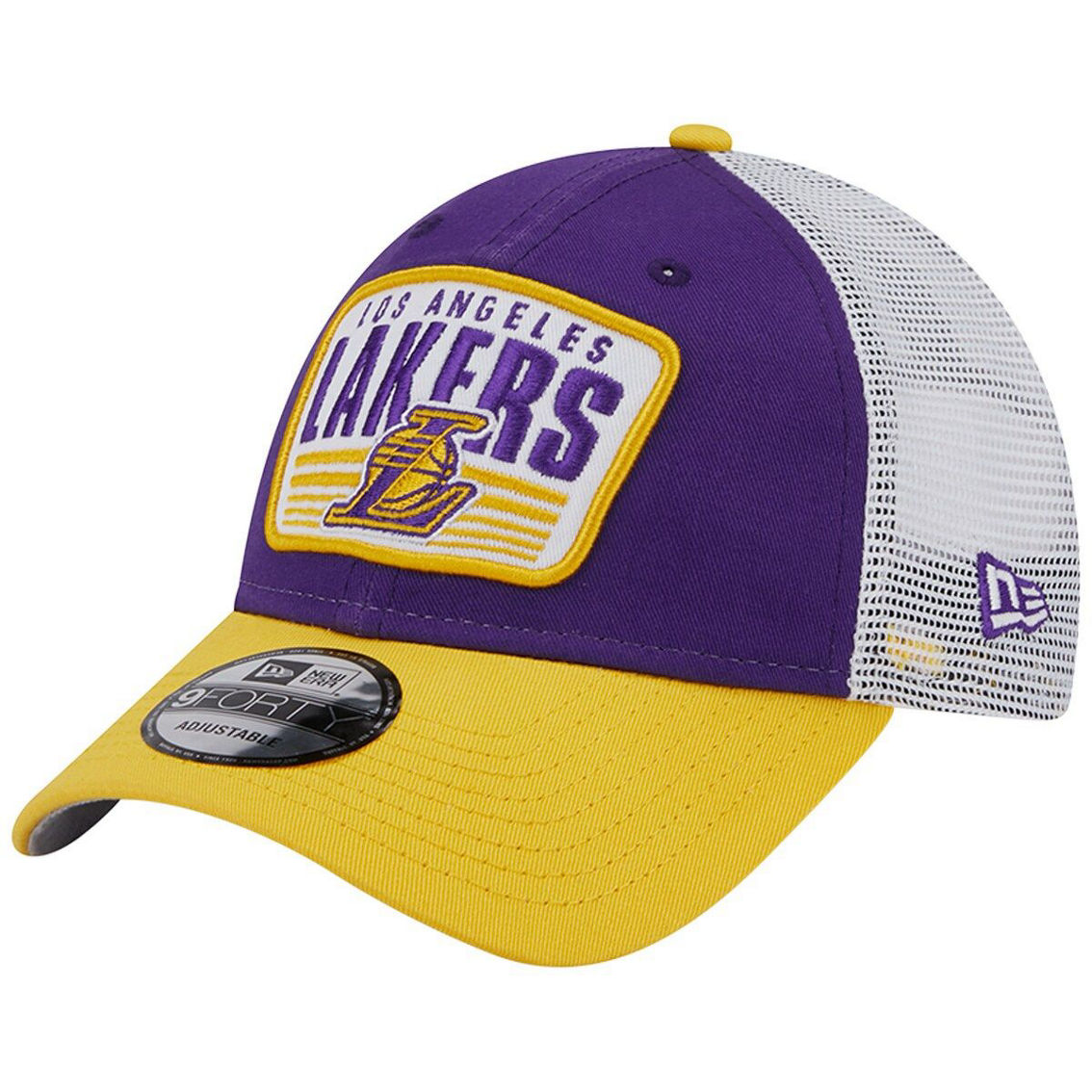 New Era Men's Purple/Gold Los Angeles Lakers Two-Tone Patch 9FORTY Trucker Snapback Hat - Image 2 of 4