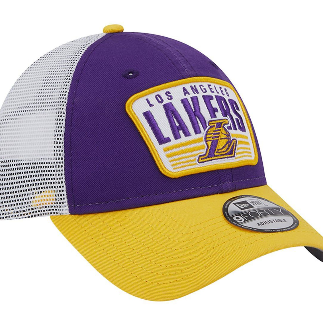 New Era Men's Purple/Gold Los Angeles Lakers Two-Tone Patch 9FORTY Trucker Snapback Hat - Image 4 of 4