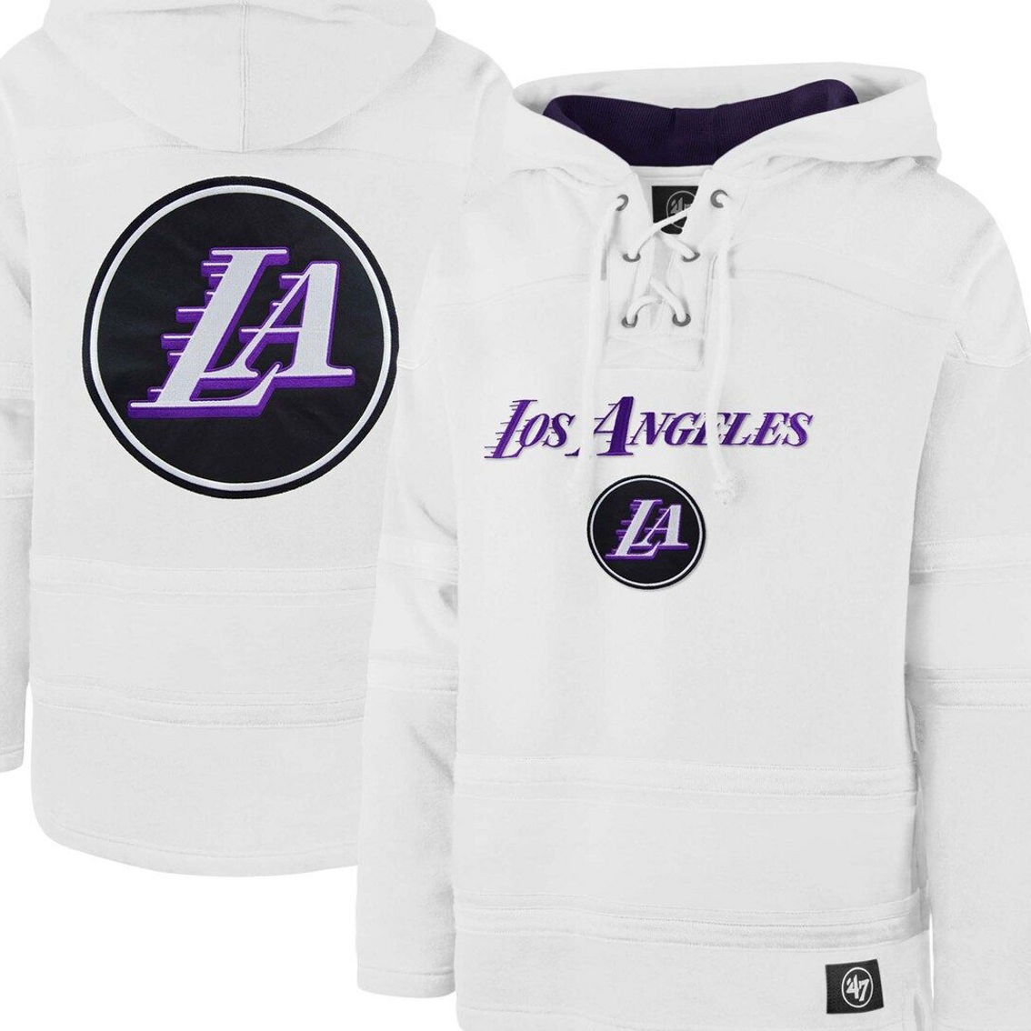 '47 Men's White Los Angeles Lakers 2022/23 Pregame MVP Lacer Pullover Hoodie - City Edition - Image 2 of 4