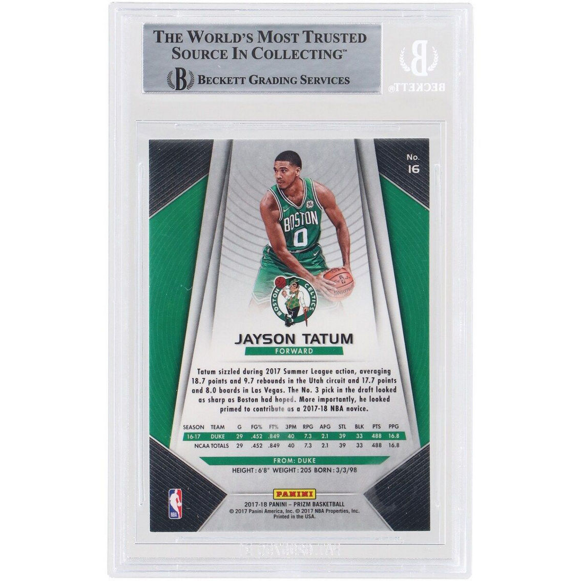 Panini America Jayson Tatum Boston Celtics Autographed 2017-18 Panini Prizm #16 Beckett Fanatics Witnessed Authenticated Rookie Card - Image 3 of 3