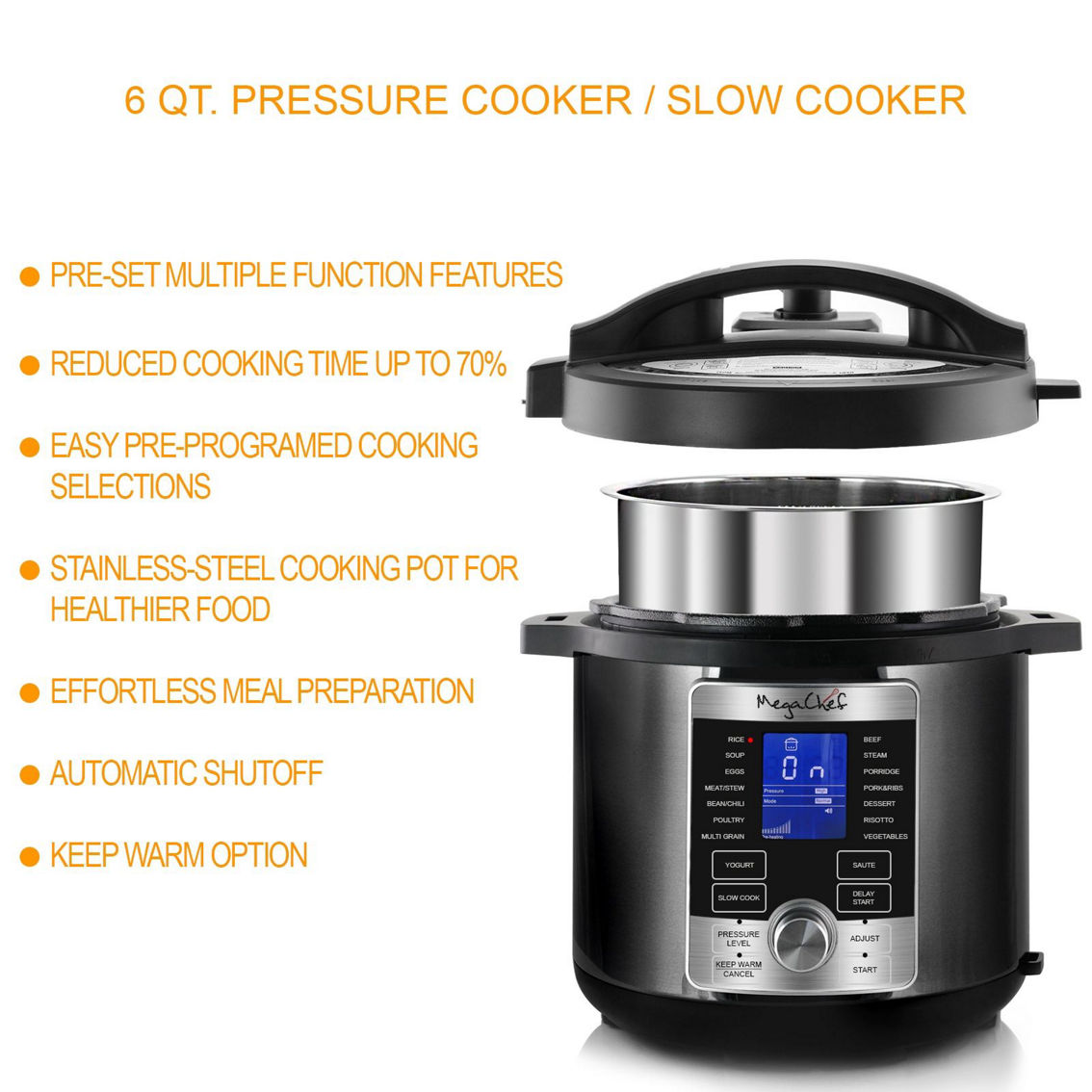MegaChef 6 Quart Stainless Steel Electric Digital Pressure Cooker with Lid - Image 4 of 5
