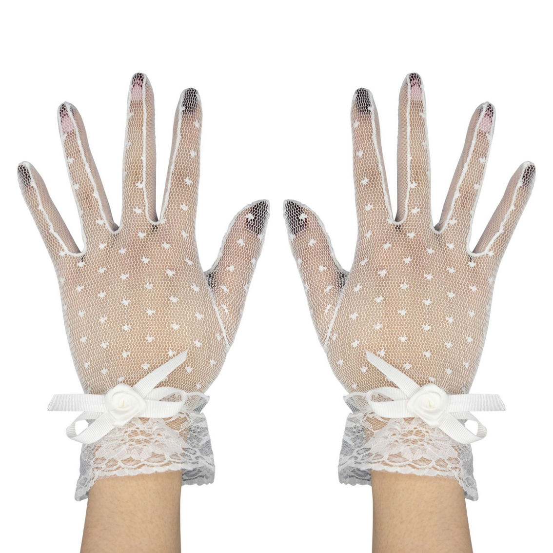 LECHERY Dotted Mesh Gloves With Lace Detail & Bow - Image 3 of 3