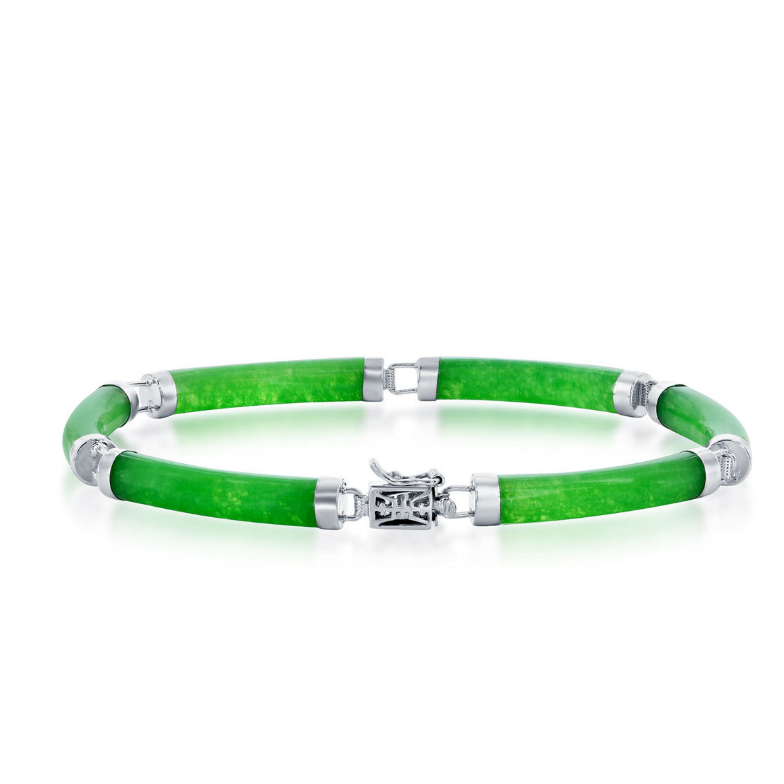 Caribbean Treasures Sterling Silver Green Jade Curved Bar Link Bracelet - Image 2 of 3