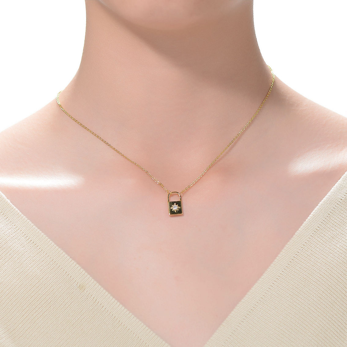 14k Yellow Gold Plated 0.60ctw Lab Created Moissanite Padlock Pendant Necklace - Image 2 of 3