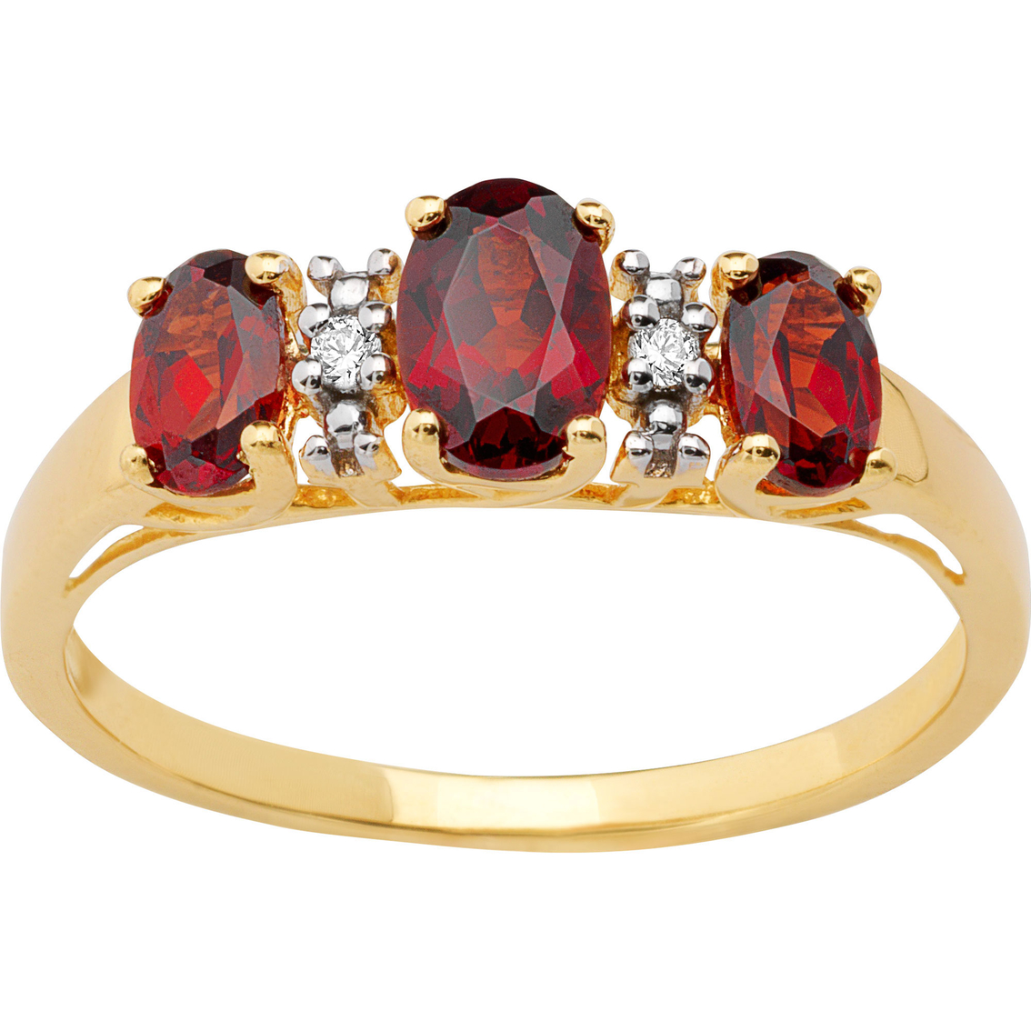 10k Yellow Gold 3 Stone Garnet Ring With Diamond Accents Size 7