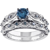 Diamore 1 CTW Blue Diamond Vintage Bridal Set in 10K White Gold