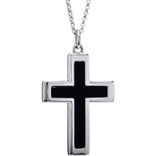 Sterling Silver Genuine Black Onyx Large Cross with Stainless Chain 24 in.