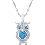 Sterling Silver Blue Topaz 1/8 CTW Diamond Owl Pendant