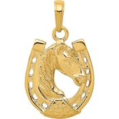 14K Yellow Gold Solid Polished Horse Head in Horseshoe Charm