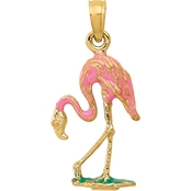 14K Yellow Gold Enameled Flamingo Charm