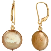14K Yellow Gold Coin Champagne Pearl Earrings
