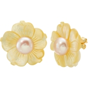 14K Yellow Gold Flower Mother of Pearl and Pink Freshwater Pearl Earrings