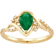 10K Yellow Gold Pear Shaped Natural Emerald and Diamond Accent Ring, Size 7
