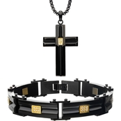 INOX Men's Stainless Steel Black IP Goldtone Cross Pendant and Bracelet Set