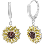Sterling Silver 1/2 CTW Red and Yellow Diamond Flower Dangling Earrings