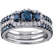 Diamore 10K White Gold 2 CTW Blue and White Diamond 3 Stone 3 pc. Bridal Ring Set