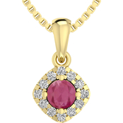 10K Yellow Gold Round Genuine Ruby and White Topaz Square Shaped Pendant