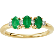10K Yellow Gold Genuine Emerald Oval with Round White Topaz 3 Stone Ring