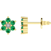 10K Yellow Gold Diamond Accent with Genuine Emerald Flower Stud Earrings