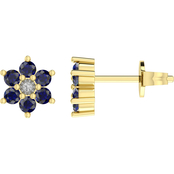 10K Yellow Gold Diamond Accent with Genuine Sapphire Flower Stud Earrings