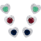 SS Genuine Emerald, Ruby and Sapphire Heart Earrings Set