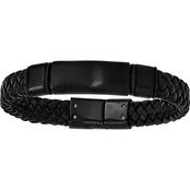 Stainless Steel Brushed and Polished Black IP Plated Braided Leather Bracelet