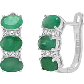 Sterling Silver Oval Genuine Emerald and White Topaz J Hoop Earrings