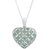 Sterling Silver Genuine Emerald Heart Shape Filigree Pendant 18 in.