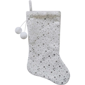 ICE Design Factory 19 in. Metallic Silver Star White Stocking with Pom Poms