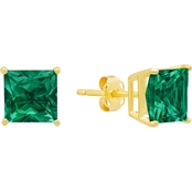 14K Yellow Gold Solitaire Princess Cut Created Emerald Stud Earrings